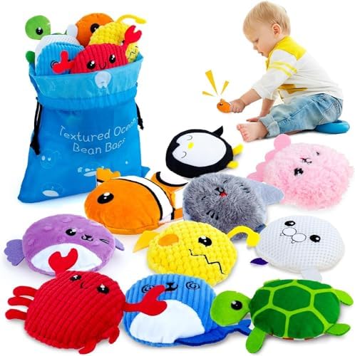 teytoy 10 Packs Sensory Bean Bags for Kids,Texture Sensory Beanbags,Sensory Toys for Autism Kids,Toddler Sensory Toys,Marine Animals Beanbags with Storage Bag,Fine Motor Toys for Preschoolers by teytoy