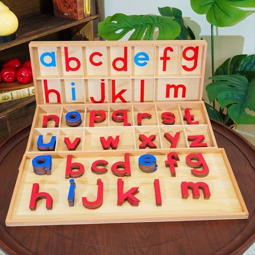Premium Large Wooden Movable Alphabet Set 22.4in 5.2 lbs,155 Lowercase Letters in Dual Beechwood Boxes | Montessori Red & Blue Letters for Word Building & Writing,Wood Large Movable Alphabet by PENEPICO-SIMPLELIFE