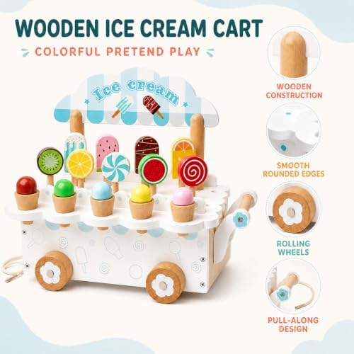 Wooden Ice Cream Cart Toy, Montessori Pretend Play Food Set with Popsicles, Lollipops & Ice Cream Cones, Pull Along Dessert Stand, Fine Motor Skills Gift for Toddlers Kids Ages 3+ - Image 3