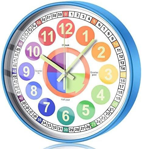 Learning Clock for Kids, Glow in The Dark Wall Clock for Bedroom, 12 Inch Silent Night Light Kids Wall Clock, Colorful Illuminated Telling Time Teaching Clock,Kids Room Decor by DORBOKER