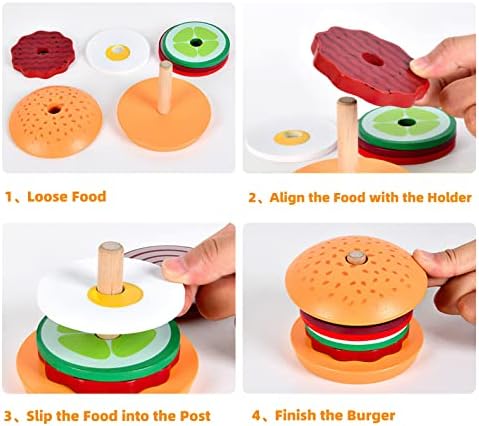 Wooden Burger Sandwich Stacking Toys for Kids, Play Food Toy, Montessori Toys for 3+ Year Old, Preschool Educational Toys to Develop Fine Motor Skills - Image 4