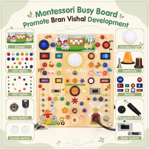 HarVow Busy Board with LED Light Switches, Montessori Toys for 1 2 3 Years Old, Toddlers Wooden Toy Sensory Activity Board, Travel Toys for 1+ Year Old Boy & Girl Birthday Gift (Farm 19 Switches) - Image 2