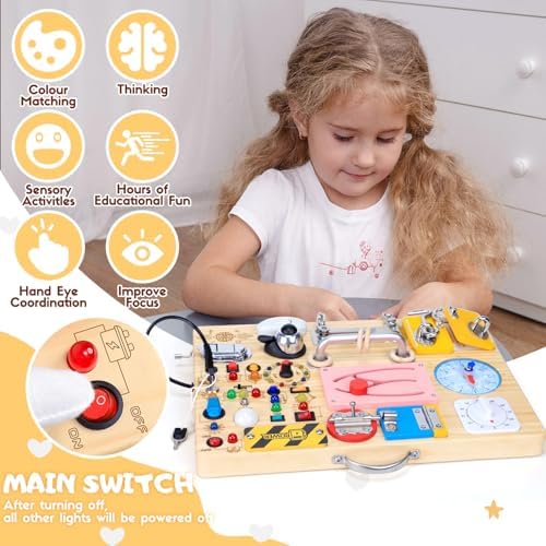 Busy Board with 13 LED Light Switches and 12 Activity, Montessori Toys for Toddlers, Wooden Toy Sensory Activity Board, Travel Toys for 1+ Year Old Boy & Girl Birthday Gift (25 in 1 Busy Board) - Image 3
