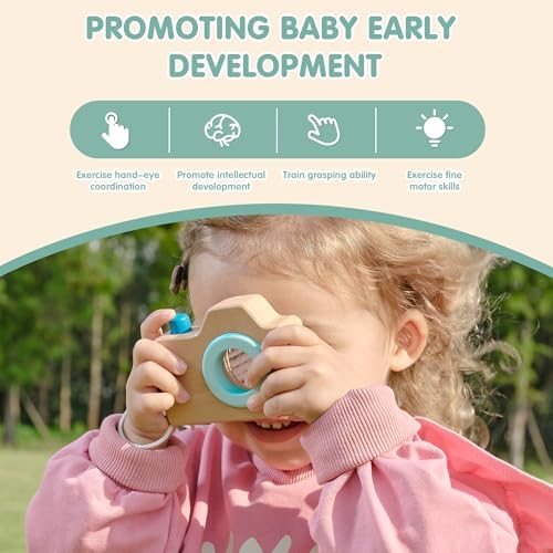 FReniland Wooden Montessori Toys, 3-Piece Wooden Baby Toys, Rotating Drum Toy, Camera Kaleidoscope Toys, Baby Key Rattles,Newborn Baby Gift Sets for Boys and Girls - Image 4