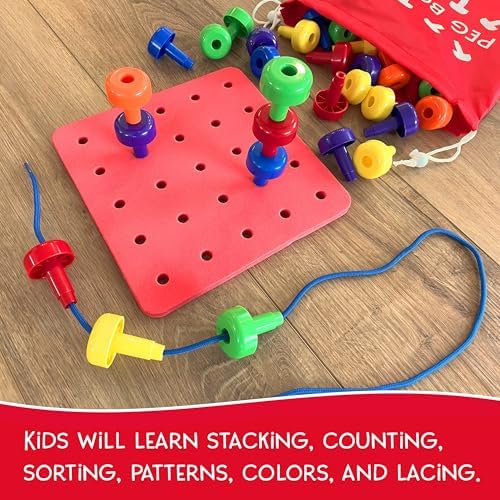 Blu Jay Foam Peg Board Toy - 36 Pegs, Foam Board, Lacing String, Storage Bag - Occupational Therapy Toys - Fine Motor Skills Toys for Toddlers and Kids (Coral Red) - Image 3