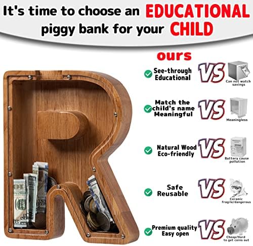 ladenk 12 Inch Extra Large Wooden Kids Letter Piggy Bank - Piggy Bank for Boys Girls - Initial R Bank - Alphabet Money Bank for Birthday - Image 3
