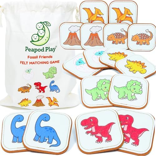 Felt Dinosaur Matching Game for Toddlers – Dino Memory Game & Flash Cards – Soft and Safe for Ages 1+ – Montessori Preschool Learning Activity – Educational Dinosaur Toy for Girls & Boys by PeapodPlay