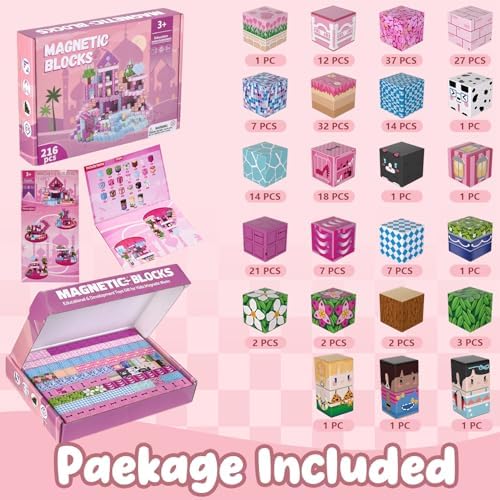 ADAH 216PCS Magnetic Building Blocks for Girls, Pink Princess STEM Toys for Ages 4-8, Creative Educational Building Toys for 3-6 Year Olds, Magic Blocks for Kids - Image 2
