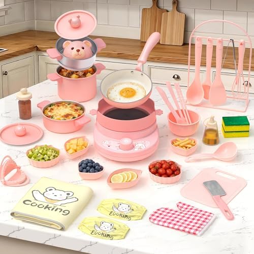 Gotoofun Kids Cooking Set Real for Mini Kitchen, Safe Kids Knife Set & Stove Burner, Montessori Cooking Toys for Boys Girls Ages 8-12, Beginner Friendly Food Making Kit (Pink) by Turnsplaytimetobrain-build