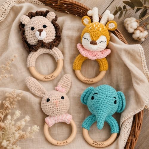 Personalized Crochet Baby Rattle, Custom Wooden Teething Ring with Engraved Name, Handmade Crochet Animal Toy for Newborns and Infants - Image 7