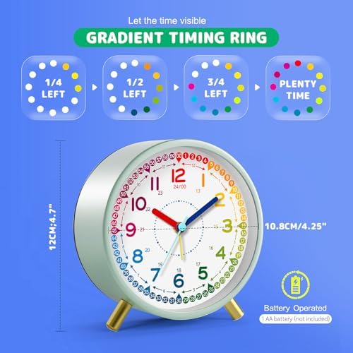 Kids Alarm Clock, Silent Non-Ticking, Analog Learning Clock for School Beginners, Stylish Round Metal Clock, Battery Operated, Loud Ringing Kids Back to School Gifts - Image 4
