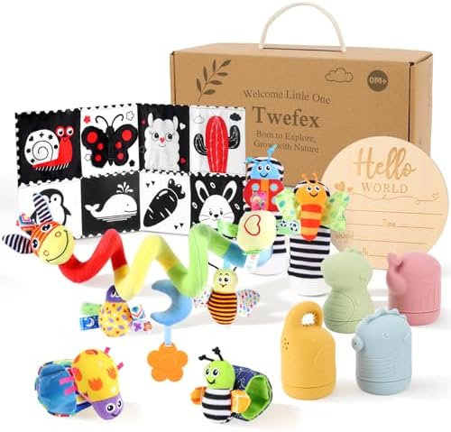 Twefex Wooden Montessori Learning Toy Set, Sensory and Thinking Play Set for Toddlers, 5-in-1 Bath Toys, Cloth Book, Hand and Foot Rattles, and Baby Sensory Toys Soft Hanging by Twefex