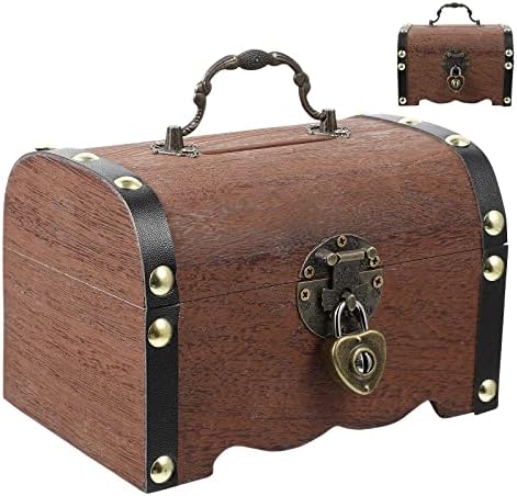 Wooden Treasure Chest Storage Box Wooden Money Storage Box Piggy Bank Organizer with Lock and Keys Gift for Kids and Adult by Homoyoyo