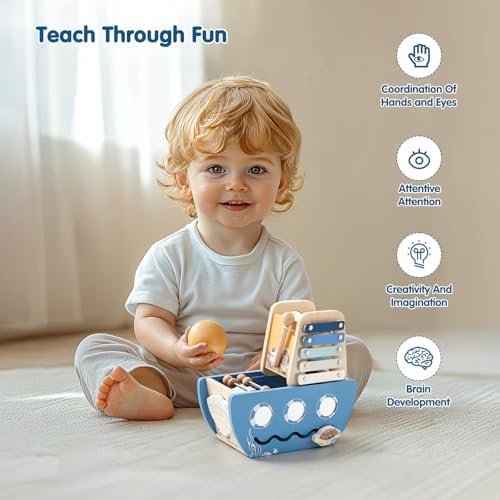 5-in-1 Baby Wooden Activity Cube, Sea Ocean Montessori Toddler Toys for 1+ Year Old Boys Girls Gifts, Educational Learning Boat Toys for 1st Birthday Gifts for Kids - Image 6