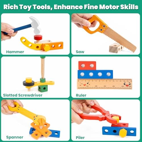 WOOOMAM Kids Tool Set, 90 PCS Wooden Toddler Tool Set with Box and Flash Cards, Tool Kit for Kids Age 3-5 Years, Toddler Boy Toys, FSC Certified Material - Image 4