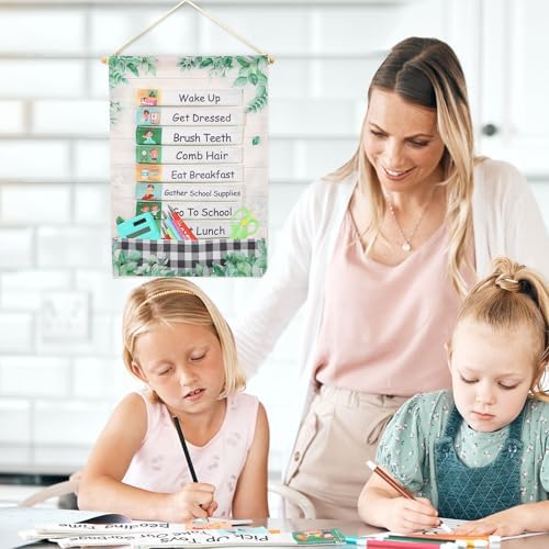 Blosssound Visual Schedule for Kids Daily Routine Chart Reversible Chore Chart Eucalyptus Morning Evening Routines Pocket Charts with 28 Cloth Cards for Home School Preschool Children with Autism - Image 5