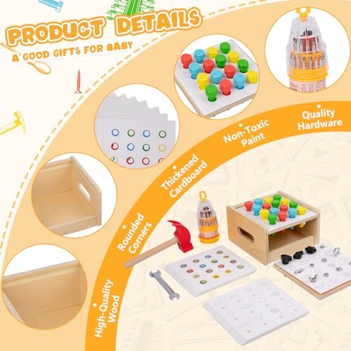 Adena Montessori 2 in 1 Montessori Screwdriver Board Set & Hammer Peg Toy Game Wooden Tool Set for Kids 3 4 5 Year Old - Image 2