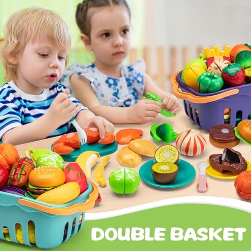 115 Pcs Cutting Play Food Toy for Kids with 2 Colors Storage Baskets - Image 4