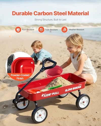 VEVOR 39 inch Pull Along Kids Wagon, Red Rolling Utility Cart Wagons for Kids, Cargo Wagon for Garden, Beach, Camping for Child Present - Image 3