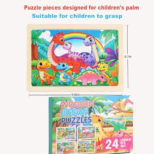 Wooden Puzzles for Kids 3-5, 4 Pack Dinosaur Jigsaw Puzzles for Toddlers, 24 Pieces Preschool Learning Activities, Learning & Educational Puzzles, Gift for Boys, Girls - Image 5