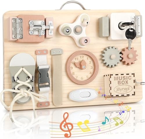 Joyreal Wooden Busy Board for Toddlers, Montessori Toys for 1 2 3 Year Old, Sensory Activity Board with Music Box & 12 Motor Skill Activities, Educational Travel Toys Gift for Boys Girls by Joyreal