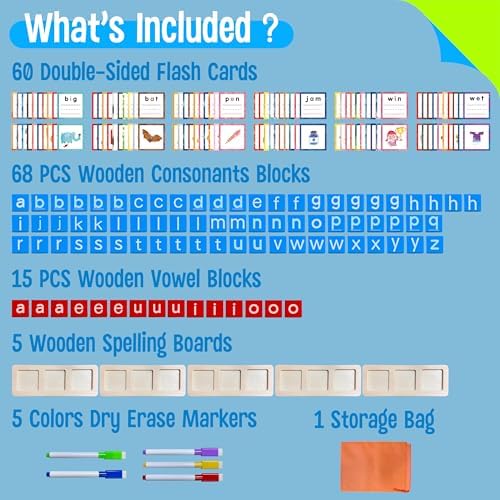 154 PCS Wooden CVC Word Spelling Game, Short Vowel Spelling Flashcards Sight Words Flash Cards Montessori Early Educational Toys for Preschool Kindergarten (5 Dry Erase Marker Included) - Image 2
