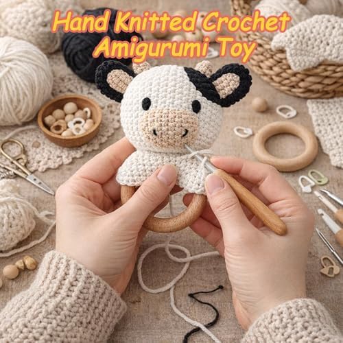 Cow Baby Rattle Sensory Toy Knitted Plush Stuffed Animal Teether Wood Ring Visual Tracking Auditory Development Shaker for Infants 3-9 Months Baby Birthday Shower Gift Infant Toys Gift - Image 3