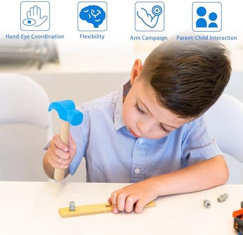 Fowecelt Wooden Hammer Toys Simulation Hammers Maintenance Tools Educational Toys for Kids Birthday Party Games Supplies (Blue) - Image 3