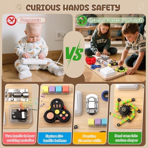 Fidget Spinner Pad Busy Board Toys Robot Fidget Spinner Music Box Switch Latches Keyboard Sensory 11 in 1 Wooden Montessori Travel Activity Board Focus Toy Motor Skills Gift for Girls Boys - Image 3