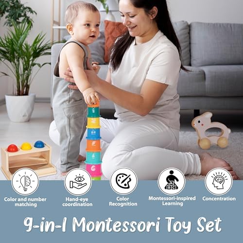 Pine Bunny Montessori Wooden 11-in-1 Toy Set for 10+ Months, Cylinder Block, Push Ball Box, Mirror Puzzle, Stacking Cups Rabbit Rattle Soft Book Educational Learning Color Recognition Fine Motor Toys - Image 6