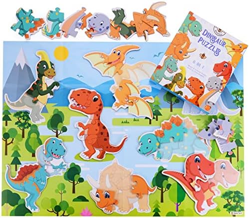 BEESTECH Beginner Dinosaur Puzzles for 3, 4 Year Old Toddlers, 8 Pack Jigsaw Educational Learning Puzzles for Toddlers, 8 Different Dinosaurs with Dinosaur World Map - Image 2