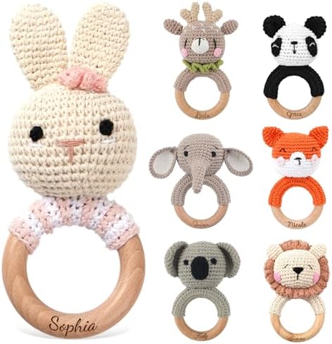 ​​DJAFS Wooden Baby Rattle Handmade Crochet Animal Organic Sensory Toy for Teething Newborns, Infant Grip Trainer & Safe Baby Shower Gift​​ (Customization Options) by DJAFS