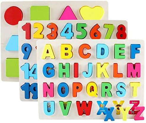QZMTOY Wooden Puzzles for Toddlers, Wooden Alphabet Number Shape Puzzles Toddler Learning Puzzle Toys for Kids, 3 in 1 Puzzle for Toddlers, Age 3+ (Set of 3) - Image 2