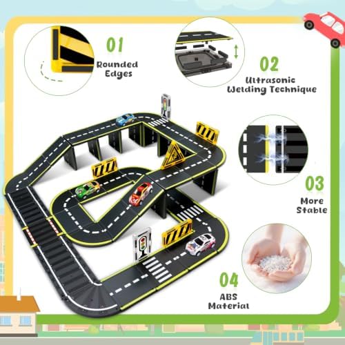 Magnetic Tiles Road Set, 45Pcs Large Double Sided Magnetic Blocks with Pullback Cars & Traffic Signs, STEM Toys for Kids Ages 4-8, Creative Gifts for 3+ Years Old Boys Girls - Image 3