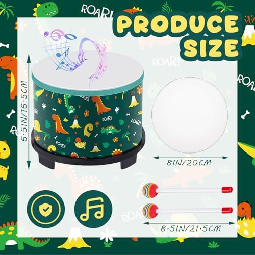 Boao Floor Tom Drum for Kids 8'' W x 6.5'' H Wooden Percussion Instrument Music Drum with 2 Rainbow Mallets Dinosaur Educational Toys for Baby Children Toddler Boy Girl Birthday Gift - Image 2