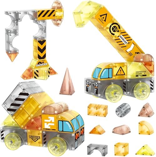 74PCS Engineering Series Magnetic Tiles, Magnetic Construction Blocks - Build Excavator, Crane & Dump Truck, STEM Toys Gift Box for Ages 3-7 Boys Girls by SHYMAGICRZ