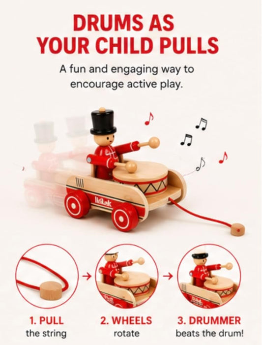 Wooden Pull Along Drummer Toy for Toddlers 1-3 - Push & Pull Baby Gift, Montessori Walking Toy for 1 Year Old Boys and Girls - Image 2