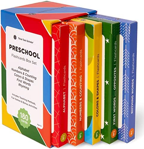 Award-Winning Flash Cards for Preschool & Kindergarten – 5-Deck Set, 180 Jumbo Cards – Learn Alphabet, Numbers, Colors, Shapes, First Words, Opposites & Rhyming – for Kids Ages 3–5 by ThinkTankScholar