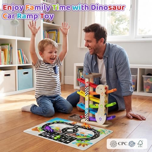 6-Level Wooden Car Ramp Toy with Road Puzzle and 6 Cars, Ages 18M+ - Image 3