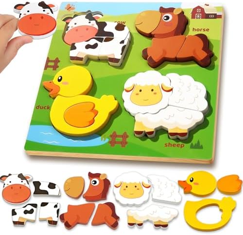 Farm Animal Wooden Puzzle for Toddlers 1-3, Sensory Montessori Toy Classroom Preschool Learning Activities Educational Toy Valentine Gift for Girl 3-5, Boy 2 3 4 5 Year Old Baby Easter Basket Stuffer by Kyerivs