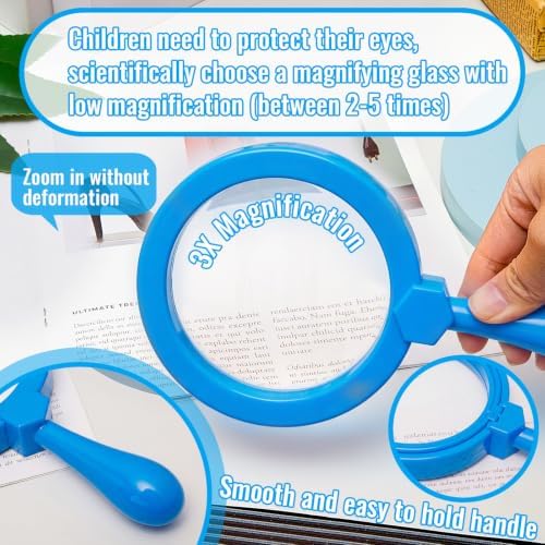 Lewtemi Kids Science Learning Toys Kids Magnifying Glass with Stand Grasp Jumbo Magnifiers 3X Magnification Exploration Preschool Learning Toys for Reading Book Map Insect (Blue) - Image 3