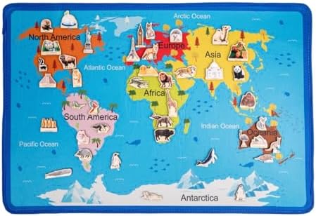 Montessori Continents Playmat with Matching Wooden Cards, World Map Matching Game for Kids 4-8 Years Old, Educational Play Mat, Geography Learning Activity Toy with 41 Animals & Landmarks by YunHeXinQiaoToysFactory