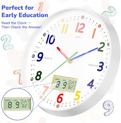 12" Silent Teaching Wall Clock with LCD Date Weekday Temperature Display – Tempered Glass, Non-Ticking Battery Operated Learning Clock for Kids Room, Classroom, Home Decor - Image 2