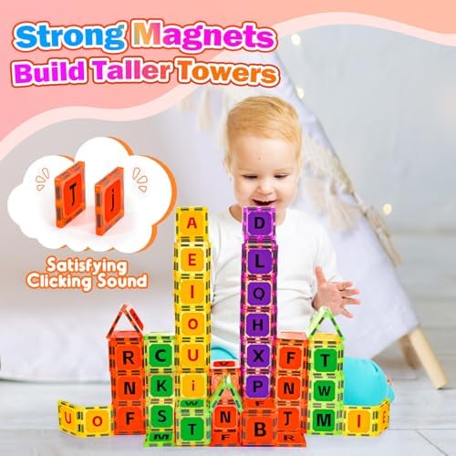 Magnetic Tiles Letters Toys, Alphabet Learning Toys for Toddlers 1-3 2-4 4-8, Classroom Must Have 48PCS Construction Toy, Toddler Games for Preschool Kids Spelling, Learning, Building, Educational Toy - Image 3