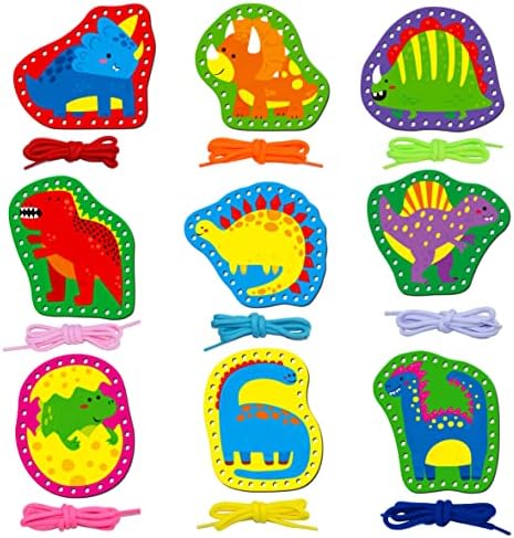 SpriteGru 9 Pieces Kids Lacing Cards, Double Sided Sewing Cards in 9 Dinosaurs with 9 Colorful Laces, Imagination Development Lacing Toys Games for Children Educational and Learning Activity by SpriteGru