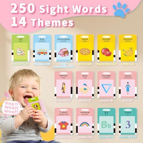 Aullsaty Toddler Toys Bilingual English and Spanish Talking Flash Cards for 1 2 3 4 5 6 Year Old Boys and Girls, Autism Sensory Toys for Autistic Children, Learning Educational Speech 250 Sight Words - Image 3