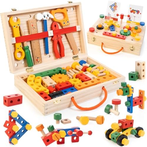 WOOOMAM Kids Tool Set, 90 PCS Wooden Toddler Tool Set with Box and Flash Cards, Tool Kit for Kids Age 3-5 Years, Toddler Boy Toys, FSC Certified Material by WOODMAM