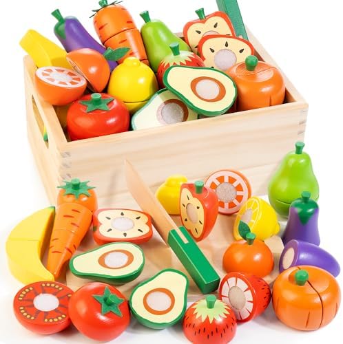Wooden Play Food for Toddlers, Fruit & Veggies Cutting Set for Play Kitchen by WOODMAM