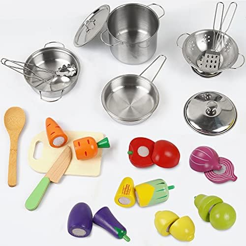 Sundaymot Play Kitchen Accessories, Wooden Play Food, Cooking Set with Stainless Steel Cookware Pots and Pans Utensils, Apron, Chef Hat, ​Cutting Food Kitchen Playset for Girls and Boys - Image 2