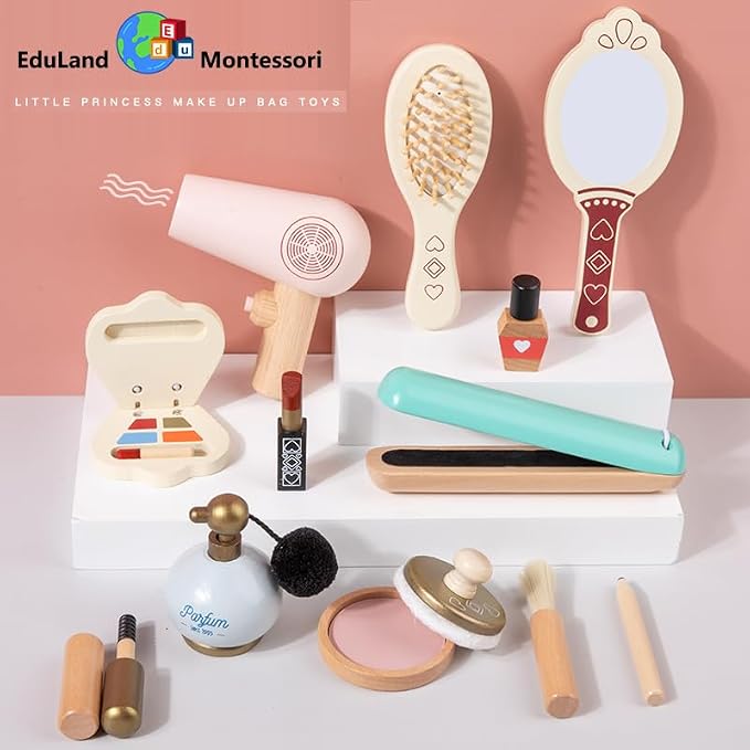 Practical Life Care of Self Wooden Makeup Toy Set 12-Piece Girls Imaginative Dress up Pretend Play Beauty Bag Makeup Set Toy for Girls Birthday Gift Ages 3 4 5 6 7 8+ Years Old - Image 2